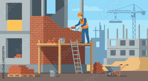 泥水匠戶外施工
Flat vector illustration of a mason working outdoors on a building exterior. Bricks, ladders, and unfinished walls visible. Flat vector style, construction scene.