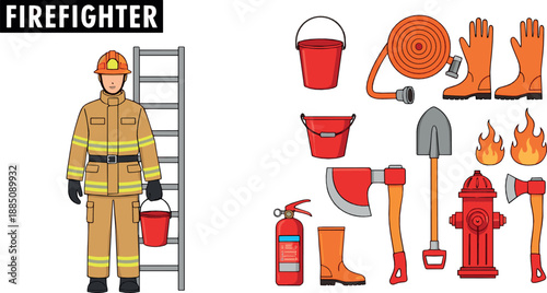 Firefighter equipment and safety gear illustration set with uniform ladder hose extinguisher tools and emergency symbols for rescue design and flat vector graphics