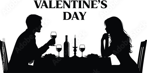 Silhouette depiction of a romantic couple enjoying a formal candlelit dinner together featuring wine glasses and a bottle celebrating the special occasion of valentine's day romance.