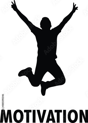 Silhouette of a person jumping high into the air with arms raised in a victory or success gesture against a stark white background promoting positive motivation