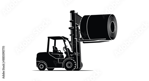 A dramatic depiction of a forklift lifting a large industrial roll showcasing its strength and utility in a monochrome silhouette