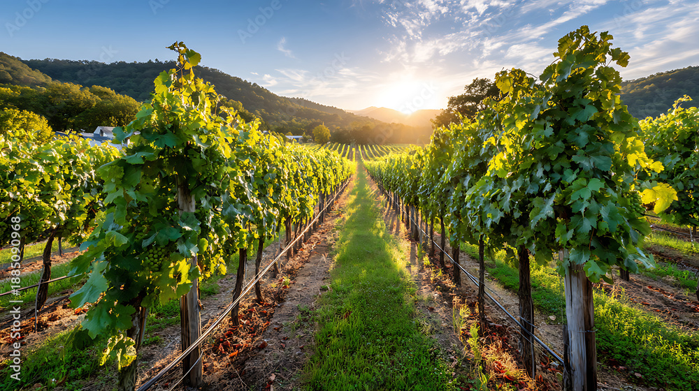 Obraz premium Vineyard at Sunset With Rows of Grape Plants and Mountains in the Background