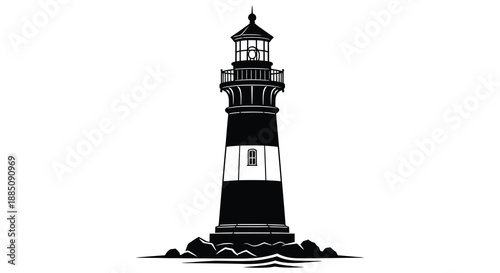 A striking depiction of a classic lighthouse structure against a white backdrop showcasing its detailed architecture as a bold silhouette