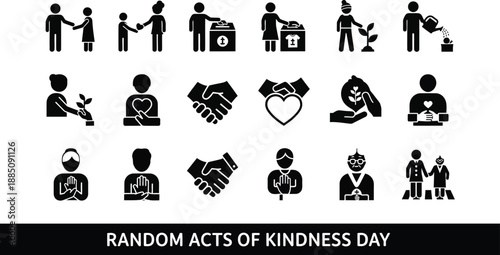 Collection of black silhouette icons representing various concepts of giving sharing planting donation and helping others for random acts of kindness day awareness