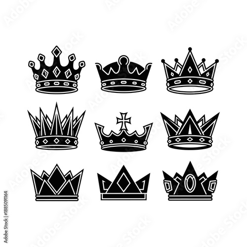 A diverse set of nine black and white crown icons, each featuring unique royal and regal designs.