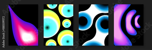 Set of four vertical posters with psychedelic glowing spheres and liquid wave patterns in neon colors