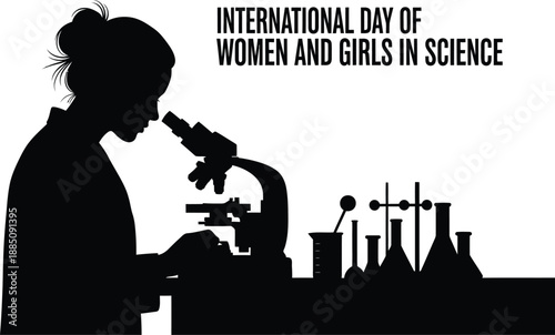 Celebrating the international day of women and girls in science featuring a silhouette of a female researcher intently looking through a microscope near various laboratory glassware and equipment