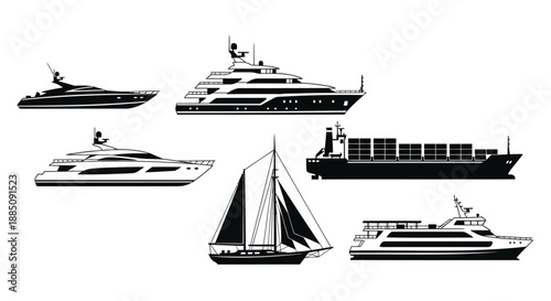 Ship and boat silhouettes set with yacht and cargo ship vector