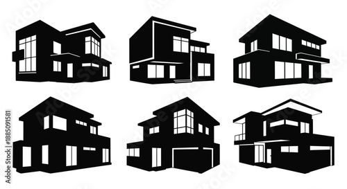 Modern residential house silhouettes vector illustration set