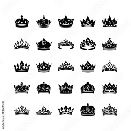 A diverse collection of black silhouette crown and tiara icons, showcasing various regal designs and royal headwear.