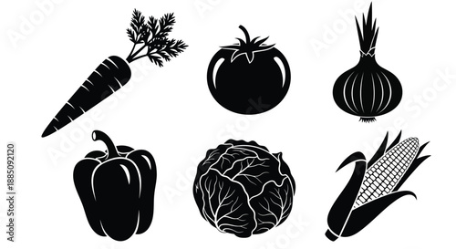 Fresh vegetables silhouette set with carrot tomato and corn vector