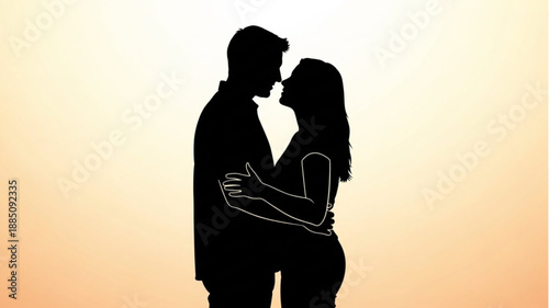 Silhouette of a couple embracing and about to kiss.
