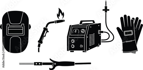 Welding equipment set with mask torch and welder vector illustration