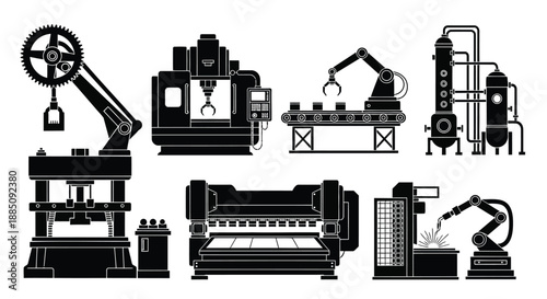 Industrial factory machines and robotic assembly line vector set