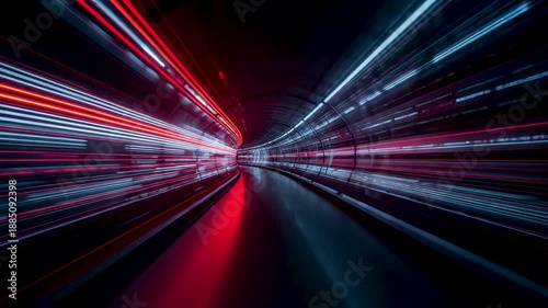 High speed motion through illuminated tunnel with red and blue light trails