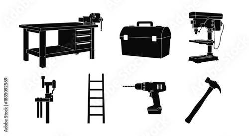 Workshop equipment and hand tool set with workbench and drill vector