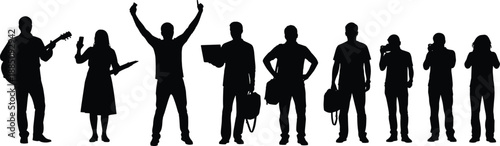 People profession silhouette set showing musicians, workers, photographers and professionals, diverse career concepts, black figures isolated on white background
