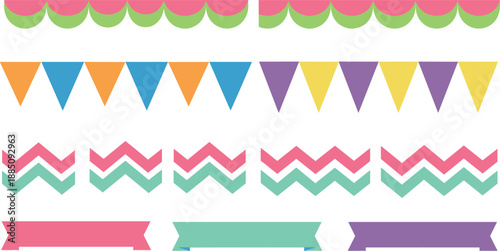 Colorful decorative border and banner set with bunting flags zigzag lines and ribbon elements for party design, invitations, and flat vector graphics