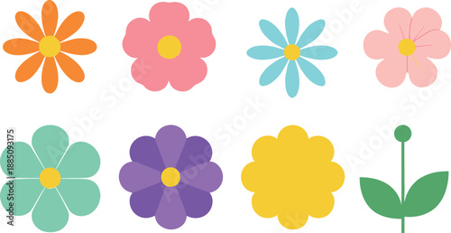 Cute simple flower icon set with colorful floral shapes for spring decoration, kids design, stickers, invitations, and flat vector illustrations
