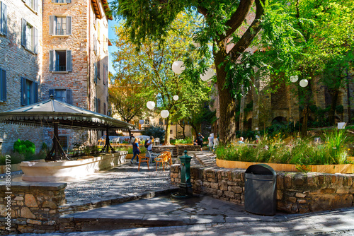 The picturesque PIazza della Cittadella with the Antico Lavatoio public wash station, in the medieval center of Città Alta, the upper hilltop historic old town of Bergamo, Italy.