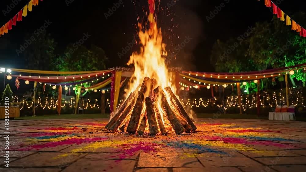 A dramatic night shot of the fiery orange holika dahan bonfire burning ...