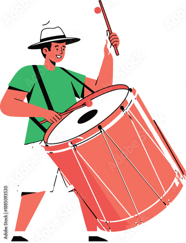 Illustration of a happy Brazilian musician wearing a hat and green t-shirt playing a large red bass drum during a carnival.