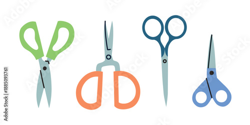 Scissors set with colorful handles in different shapes for hobby. Flat cartoon vector illustration for craft projects, sewing, school supplies, education materials, workshops, creative friendly icons