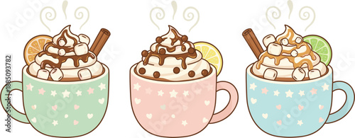 Cute Hot Chocolate Mug Illustration Set Featuring Whipped Cream, Marshmallows, Cinnamon Sticks, and Pastel Cups in Flat Vector Style