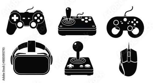 Video game controllers and gaming mouse silhouette vector set