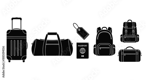 Travel luggage and vacation accessories vector silhouette set