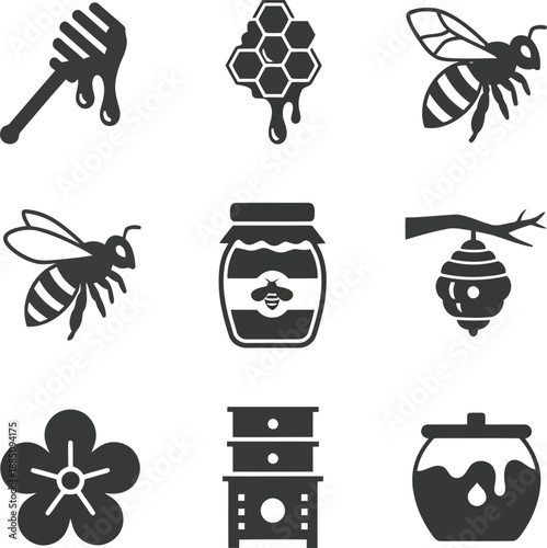 Honey bee hive flower jar dripping comb icons set vector illustration sweet natural product food ingredient apiary vector