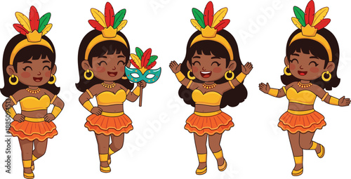 Set of cute cartoon Brazilian carnival dancers in yellow costumes with feather headdresses, smiling characters for festive celebration and parade.