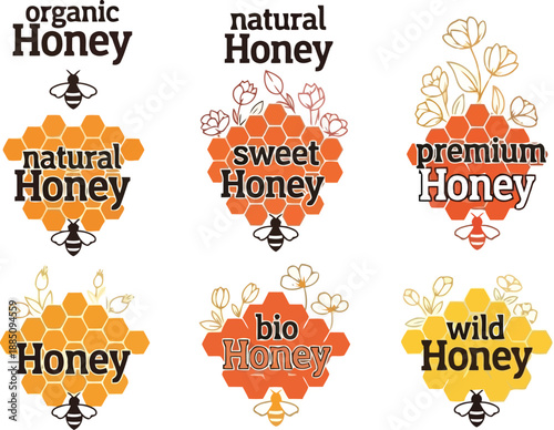 Collection of organic natural sweet premium bio wild honey labels and badges with bees and floral elements vector