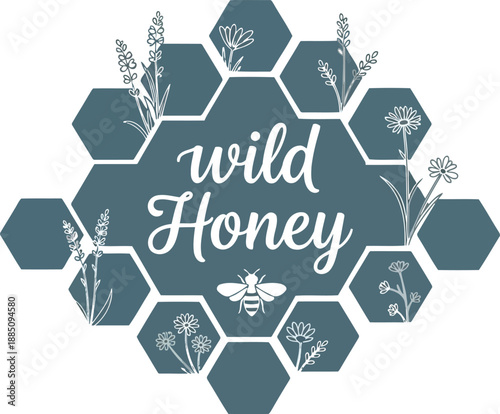 Artistic honeycomb label design with wild honey text and bee emblem vector