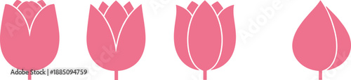 Pink tulip flower icon set with simple floral shapes for spring decoration, garden themes, branding, invitations, and minimal flat vector design