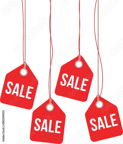 Red sale price tags hanging with strings announcing discounts and promotions for retail shopping vector