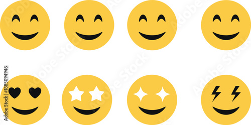 Yellow smiling emoji face set with happy love star eyes and playful expressions for chat apps, social media, stickers, and flat vector illustrations