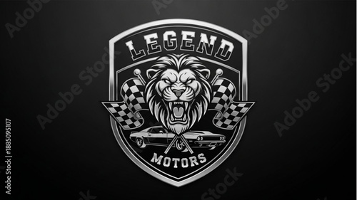 Lion Head Emblem with Racing Flags and Cars.