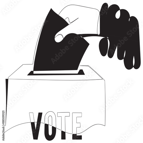 Continuous one line drawing of hand putting or inserting voting paper in the ballot box. Minimalist linear design. Vote concept. Trendy vector illustration