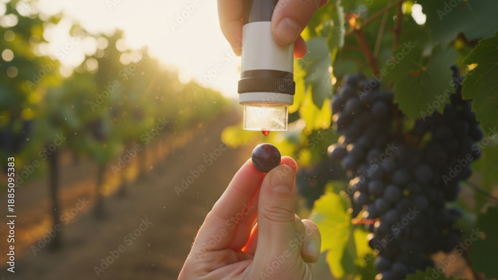 Fototapeta premium Inspecting Ripe Grapes in Vineyard Row for Winemaking Quality Assurance and Harvest Readiness Assessment during Sunset