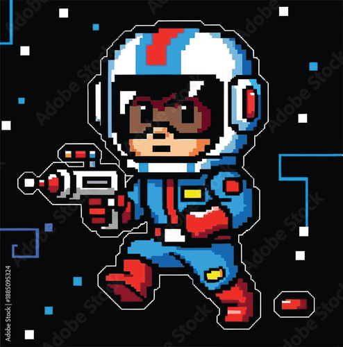 Adorable pixel art astronaut character in blue suit holding a retro futuristic ray gun ready for exciting 8 bit space adventure
