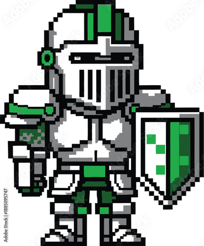 Adorable pixel art fantasy knight figure wearing silver armor with striking green accents standing ready holding a protective shield isolated on white background