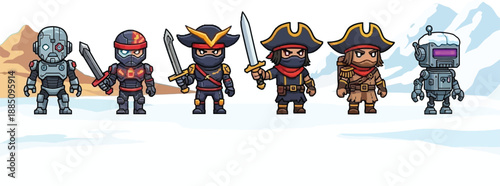 Collection of six distinct pixel art character sprites featuring ninjas pirates and futuristic robots standing ready for mobile game action