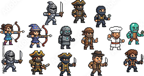 A collection of diverse pixel art video game characters including archers knights pirates a robot chef and various rogue class sprites for asset design