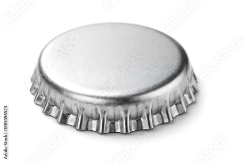 Silver metal bottle cap isolated on white background, clean minimal packaging detail