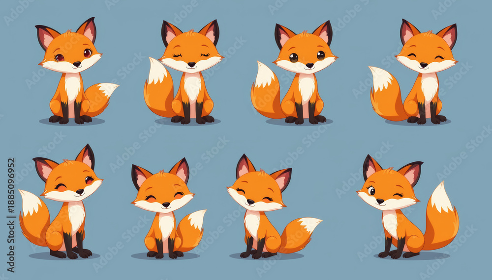 Fototapeta premium Cute cartoon fox character animal orange tail ear smile wink sitting happy cute cartoon fox character animal orange tail ear smile wink sitting