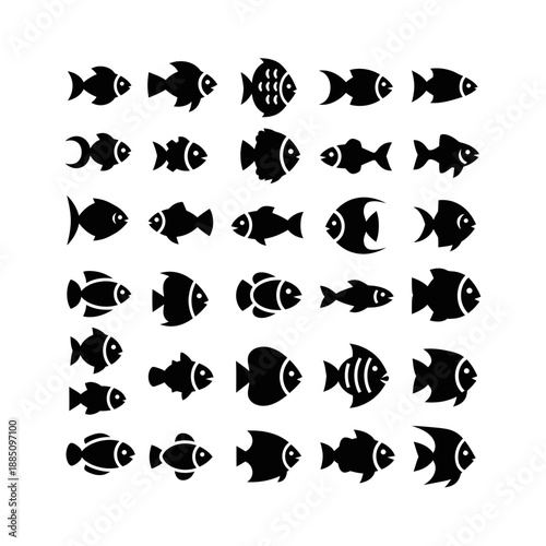 A diverse collection of black silhouette fish icons, illustrating various aquatic species with distinct shapes and fin patterns, arranged on a clean white background.