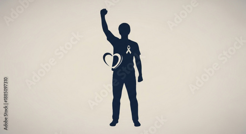 Person silhouette with raised arm and heart symbol on gray background representing hope and support