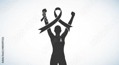 Silhouette of a person raising awareness with ribbons for a cause symbolizing support and solidarity in a simple monochromatic design