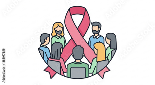 Diverse group of people sitting around a large pink awareness ribbon supporting health and wellness
